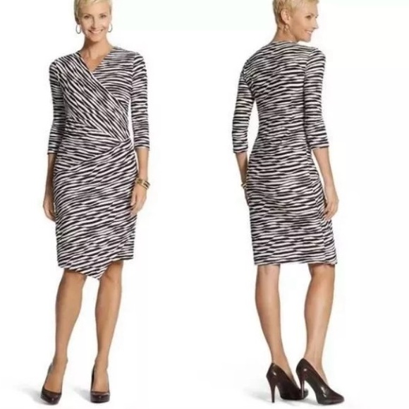 Chico's Dresses & Skirts - Chico’s Wave Striped Print Textured Faux Wrap 3/4 Length Sleeve Dress Chicos  3